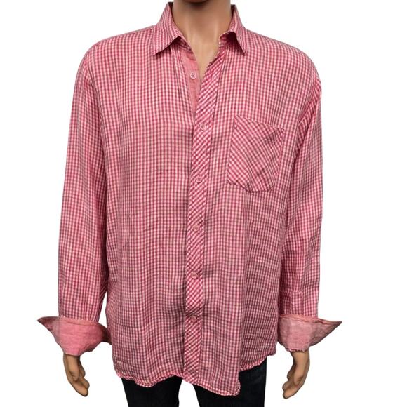 BUGATCHI Uomo Linen Shirt Men L Gingham Check Contrast Flip Cuffs Long Sleeve - Picture 2 of 12